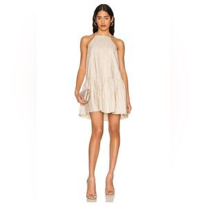 AMANDA UPRICHARD Amy Dress in Valencia Beige White Striped Linen Silver Stripe